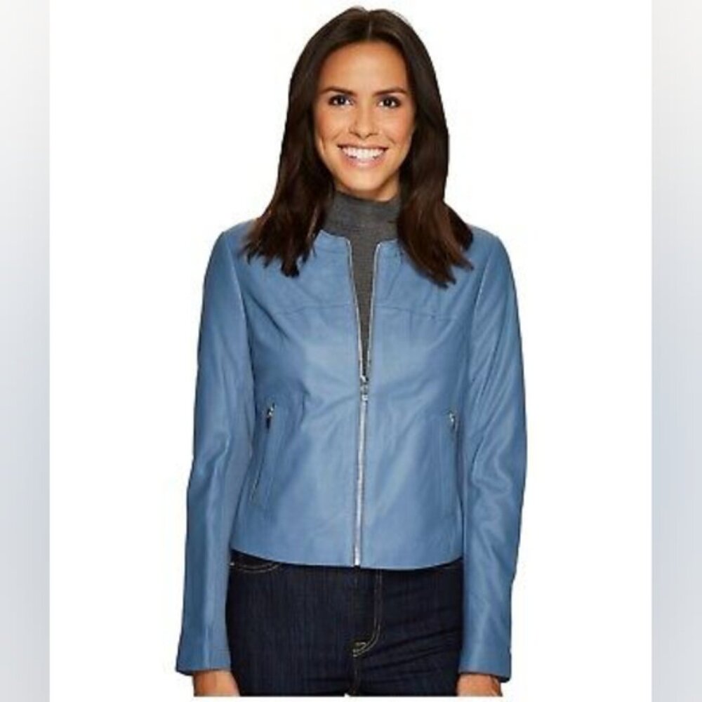 NWT B-Stock Via Spiga Lamb Leather Moto Biker Baby Blue Zip Jacket XS